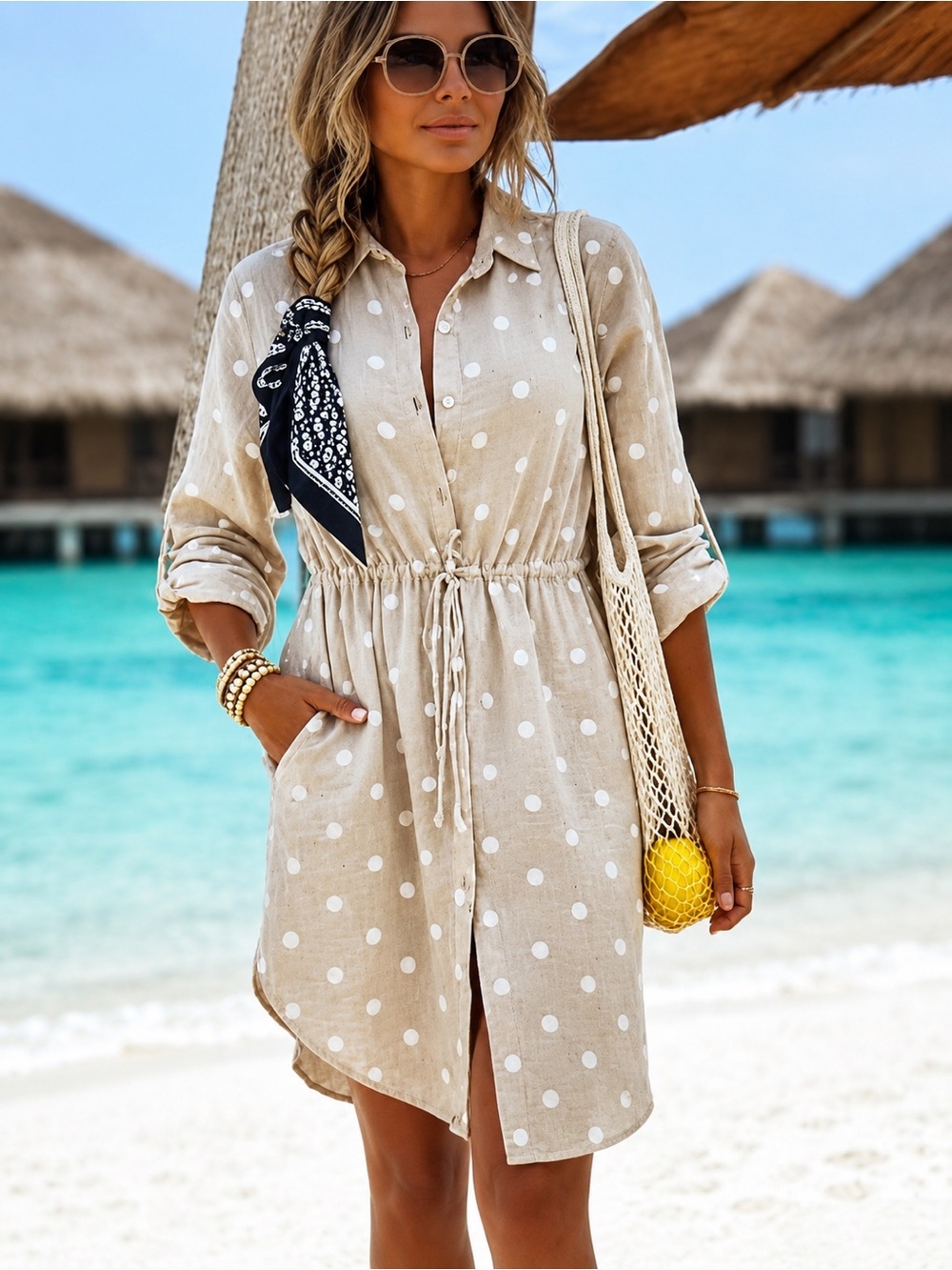 Polka Dot Drawstring Shirt Dress - Beige/White-S/M - Picture 3 of 6